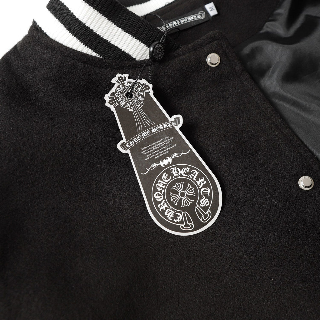 Chrome-Hearts Cross Embroidered Leather Sleeve Varsity Jacket - Black Street Style 116