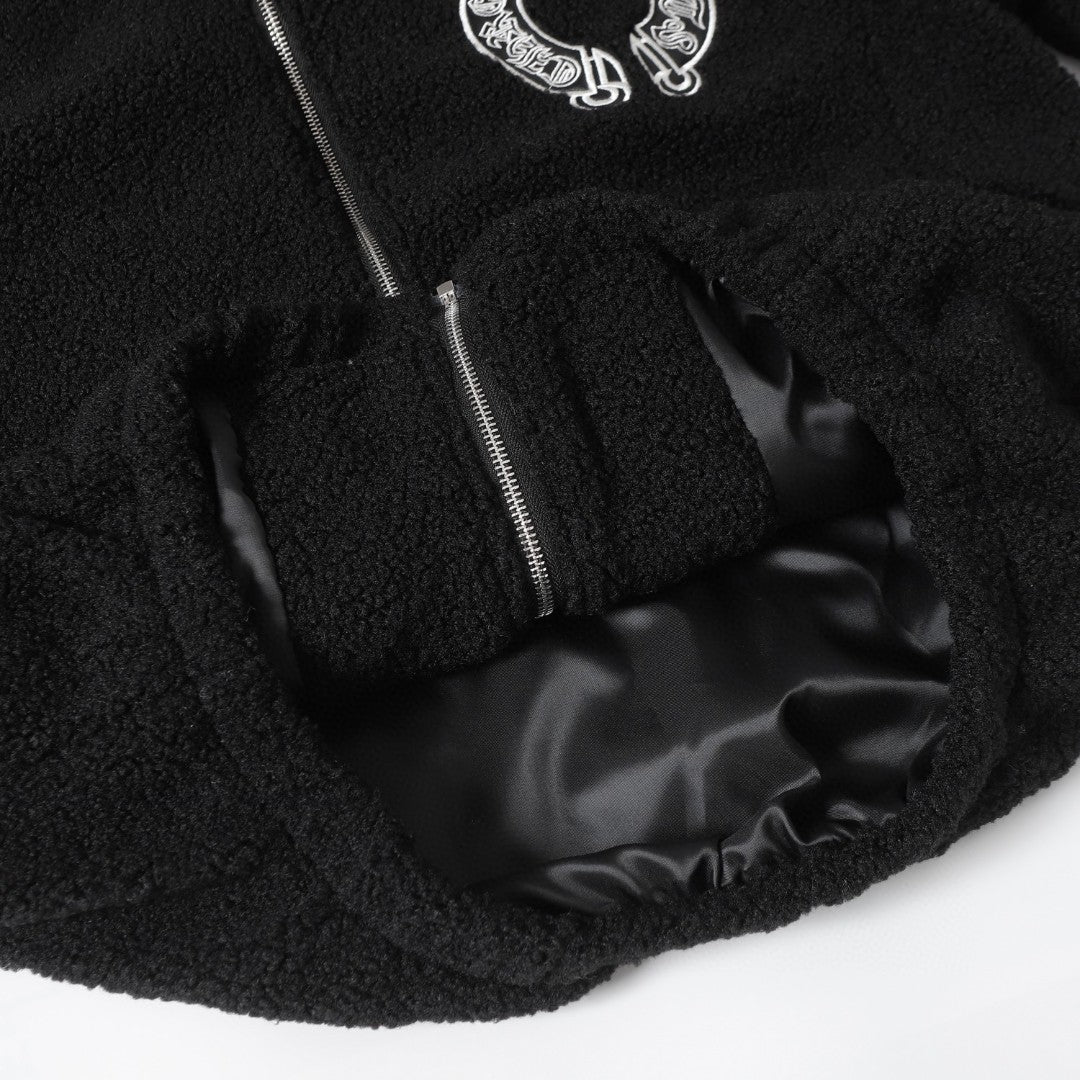 Chrome-Hearts Horseshoe Embroidered Sherpa Jacket - Black Cream Gothic Coat 825
