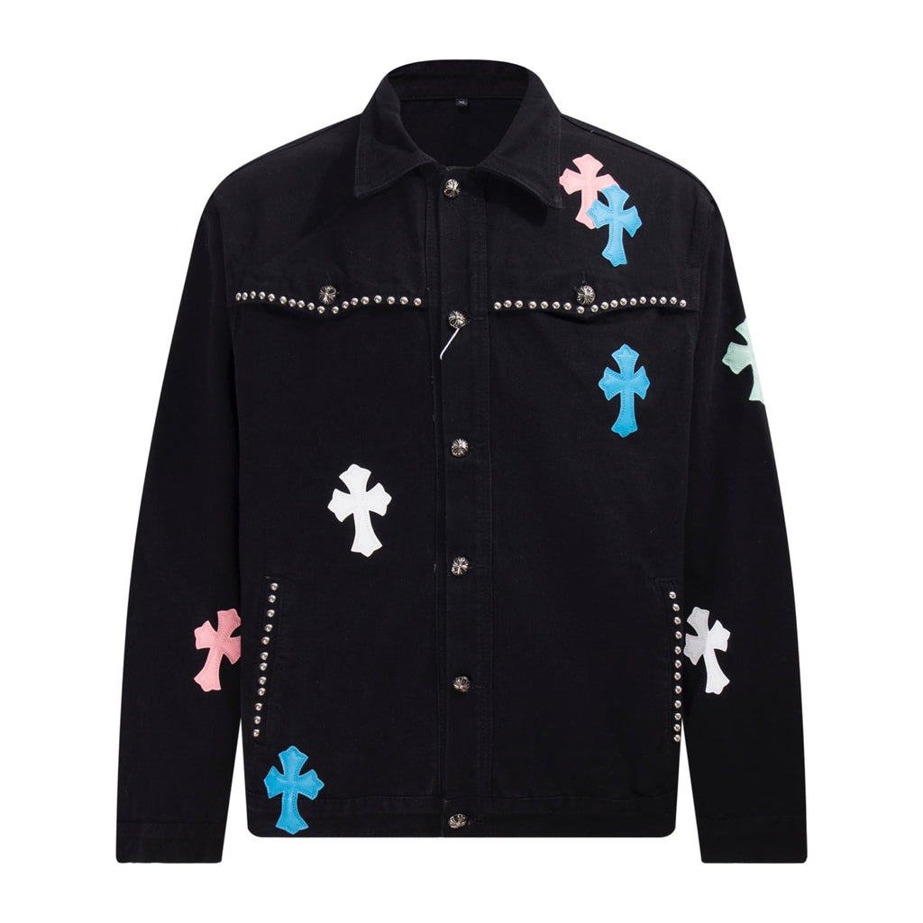 Chrome-Hearts Multi Cross Studded Denim Jacket - Black Gothic Streetwear Coat H49