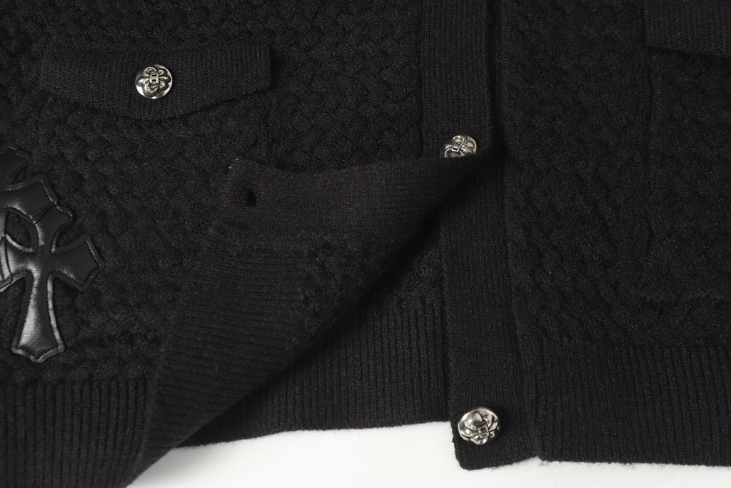Chrome-Hearts Gothic Cross Knit Cardigan - Black Grey Streetwear Jacket 904